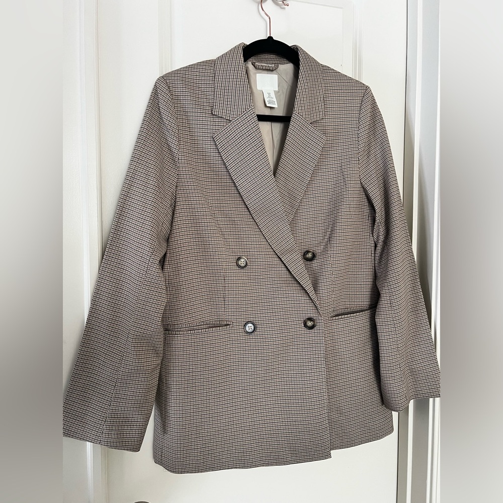 H&M Women's Double-Breasted Blazer - Tan and Black Checkered